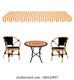 Vector illustration striped shop window awning round table and bamboo chairs icon.  Restaurant furniture svg