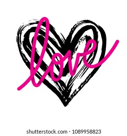 Vector illustration of a striped textured heart. Hand drawn paint texture. Lettering love.