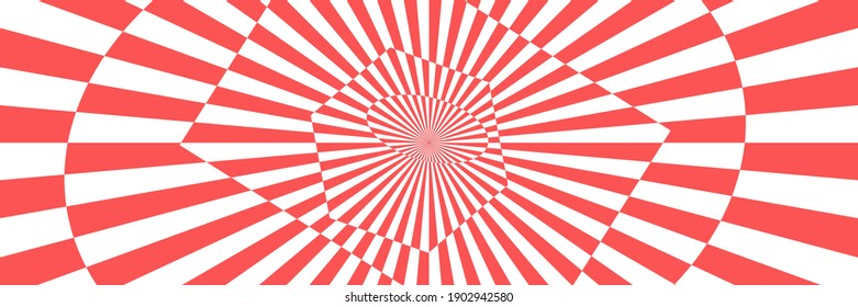 Vector illustration of stripes and shapes with optical illusion. Op art abstract background. Long horizontal banner.