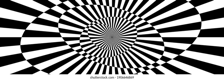 Vector illustration of stripes and shapes with optical illusion. Op art abstract background. Long horizontal banner.