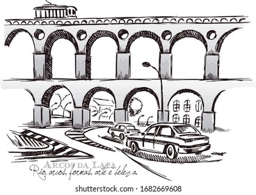 Vector illustration in stripped style of Rio de Janeiro's urban scene. Sketch-style art of the Arcos da Lapa, Rio de Janeiro, Brazil. Drawing representing current times.