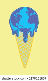 Vector illustration in stripped-down style of ice cream simulating the planet Earth melting.