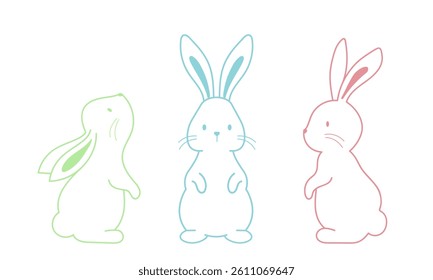 Vector illustration of striving rabbits of different pastel colors. The first rabbit in green color is looking up. The second rabbit in blue color is looking straight ahead. The last rabbit of pink