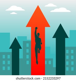 Vector Illustration, Striving For Success In Business, Moving Up Red Arrow And Business Person