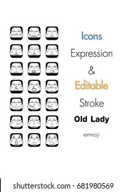 Vector illustration of stroke editable icons for Family - Emoji and Graphs line icons Vector Icons,Emoji,expression,angry,Old,lady,Change to any colour