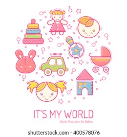 Vector illustration with  stroked children's icons forming a circle. Happy and bright babyish color palette. Cute contoured signs in modern flat style