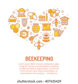 Vector illustration with stroked colorful honey and beekeeping icons. Beekeeping signs forming a heart shape. Happy warm color palette of gold and orange tints
