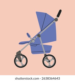 Ilustração vetorial com um carrinho de bebê. Carruagem de bebê, carrinho, charrete. Para meninas e meninos. Ilustração de vetor desenhada à mão. Infância, transporte, caminhada com crianças, maternidade. Cartaz colorido.
