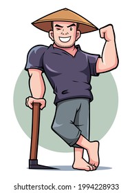 ilustración vectorial de fuerte personaje de dibujos animados de granjeros asiáticos bueno para el logo de mascota o diseño gráfico