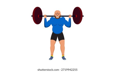 Ilustración vectorial de un atleta fuerte levantando una barra durante el entrenamiento de levantamiento de pesas. Concepto de entrenamiento de fitness y fuerza en estilo moderno de dibujos animados planos. Adecuado para gimnasios, culturismo, entrenamiento deportivo, estilo de vida saludable y temas de ejercicio de potencia.