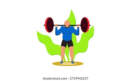 Ilustración vectorial de un atleta fuerte levantando una barra durante el entrenamiento de levantamiento de pesas. Concepto de entrenamiento de fitness y fuerza en estilo moderno de dibujos animados planos. Adecuado para gimnasios, culturismo, entrenamiento deportivo, estilo de vida saludable y temas de ejercicio de potencia.