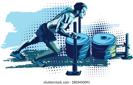 the vector illustration of the strong athlete pushing the sled with weight plates