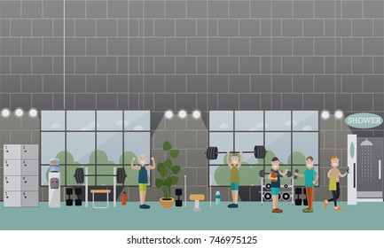 Vector illustration of strong athletic men training with fitness instructor using barbell, dumbbells. Gym men concept flat style design.