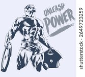 Vector illustration of strong bodybuilder carrying gym weight plates in intense power pose fitness art