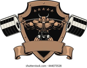 Vector illustration of a strong bull with a barbell