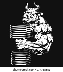 Vector illustration, strong bull doing exercise with dumbbells for biceps