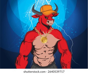 Vector illustration of strong bull posing and wearing cap on colorful background. nft artwork character. , bull tatoo, head of a bull body of a man, , bull nft.