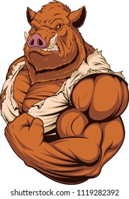 Vector illustration a strong ferocious boar bodybuilder shows a large bicep