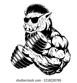 Vector illustration a strong ferocious boar bodybuilder shows a large bicep
