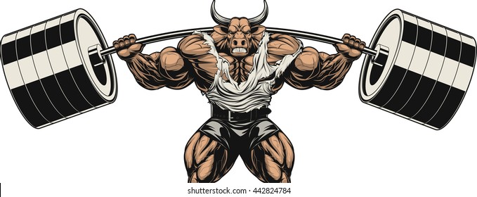 Vector illustration, strong ferocious bull holds the barbell on your shoulders