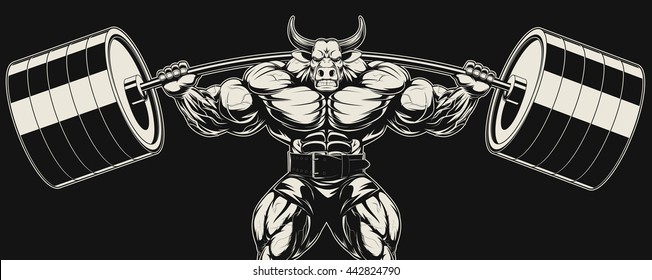 Vector illustration, strong ferocious bull holds the barbell on your shoulders