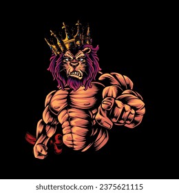 Vector illustration of a strong and fierce lion bodybuilder, on a black background