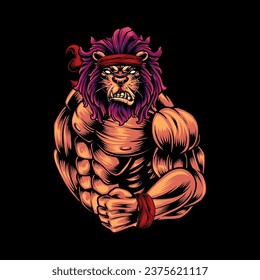 Vector illustration of a strong and fierce lion bodybuilder, on a black background