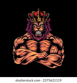 Vector illustration of a strong and fierce lion bodybuilder, on a black background