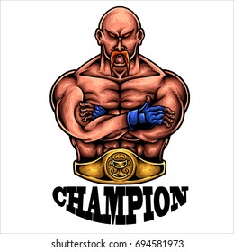 vector illustration of strong fighter with champion belt 