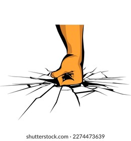 vector illustration of a strong hand hitting a wall or floor until it cracks and shatters