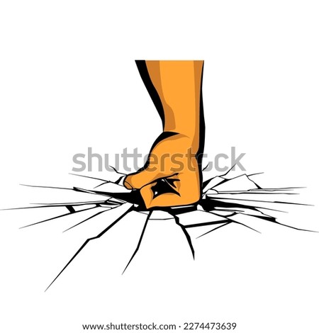 vector illustration of a strong hand hitting a wall or floor until it cracks and shatters