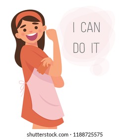 Vector Illustration Strong House Wife Woman, Confident Mother I Can Do It Concept