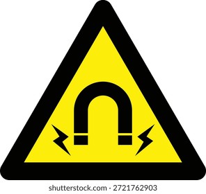 Ilustración vectorial de una señal de advertencia de campo magnético fuerte con un imán y un rayo dentro de un símbolo de peligro triangular amarillo, que indica peligro magnético y riesgo de seguridad.