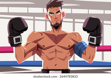 Ilustração vetorial de um boxeador masculino forte com luvas, posando com confiança no anel. Personagem de desenho animado atlético com uma determinada expressão. Conceito de esportes e fitness.