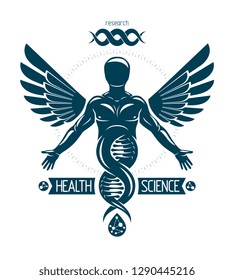 Vector illustration of strong male depicted as DNA symbol continuation and created with bird wings. Molecular genetics.
