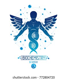 Vector illustration of strong male depicted as DNA symbol continuation and created with bird wings. Molecular genetics.