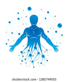 Vector illustration of strong male made using wireframe mesh and scientific atom connections. Molecular engineering concept.