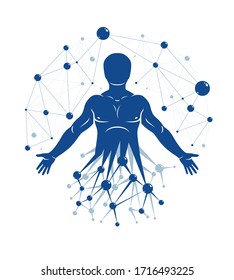 Vector illustration of strong male made using wireframe mesh and scientific atom connections. Molecular engineering concept.