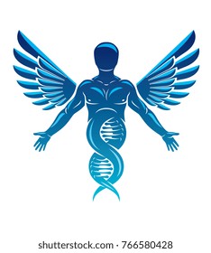Vector illustration of strong male made as DNA symbol continuation and created with bird wings. Bioengineering and molecular genetics.