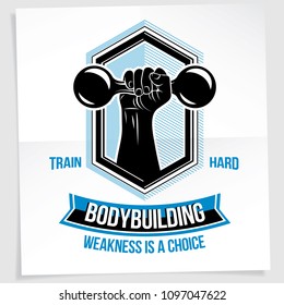 Vector illustration of strong man biceps arm and dumbbell. Weight lifting gym symbol, sports club.