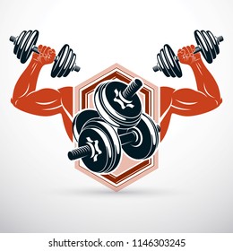 Vector illustration of strong man biceps arm and dumbbell. Weight lifting gym symbol, sports club.