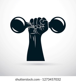 Vector illustration of strong man biceps arm holding dumbbell. Weight lifting