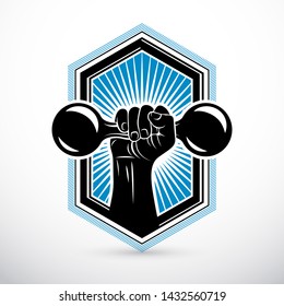Vector illustration of strong man biceps arm holding dumbbell. Weight lifting