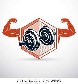 Vector illustration of strong man biceps arm and dumbbell. Weight lifting gym symbol, sports club.