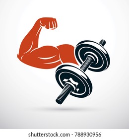 Vector illustration of strong man biceps arm and dumbbell. Weight lifting gym symbol, sports club.