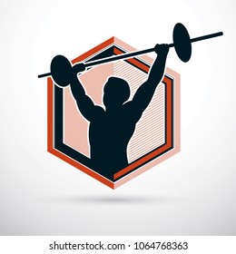 Vector illustration of strong man body silhouette holding barbell. Weight lifting trainer, bodybuilding championship.