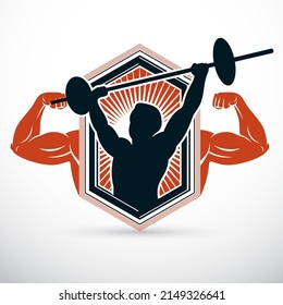 Vector illustration of strong man body silhouette holding barbell. Weight lifting trainer, bodybuilding championship.