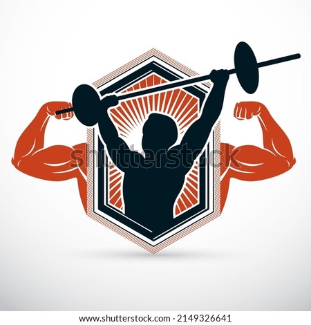 Vector illustration of strong man body silhouette holding barbell. Weight lifting trainer, bodybuilding championship.