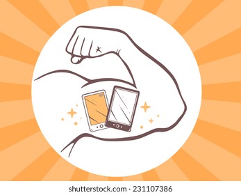 Vector illustration of strong man hand with  icon of white and black phone on bright background. Manly line art design for web, site, advertising, banner, poster, board and print.