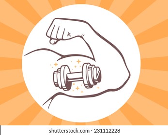 Vector illustration of strong man hand with  icon of dumbbell on bright background. Manly line art design for web, site, advertising, banner, poster, board and print.